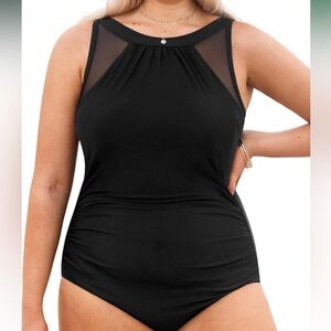 CUPSHE Plus Size Women‘s One Piece Swimsuit High Neck Adjustable Straps Mesh